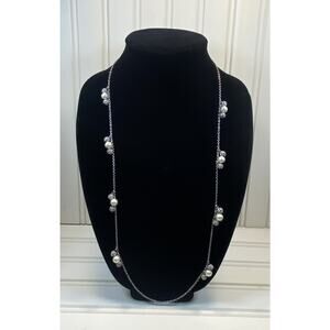 Ann Taylor Silver Tone Faux Pearl & Rhinestone Ball Clusters Station Necklace